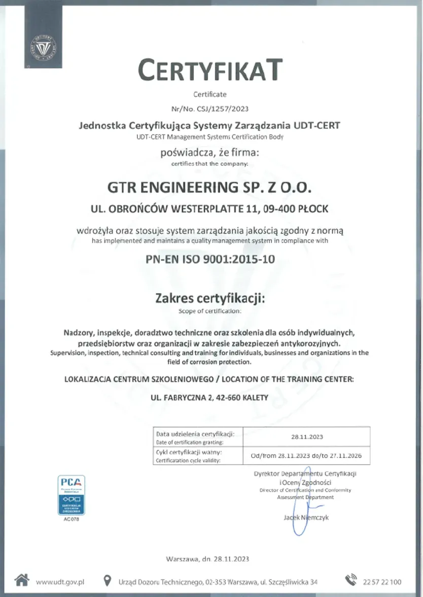 Certyfikat ISO 9001 - GTR Engineering