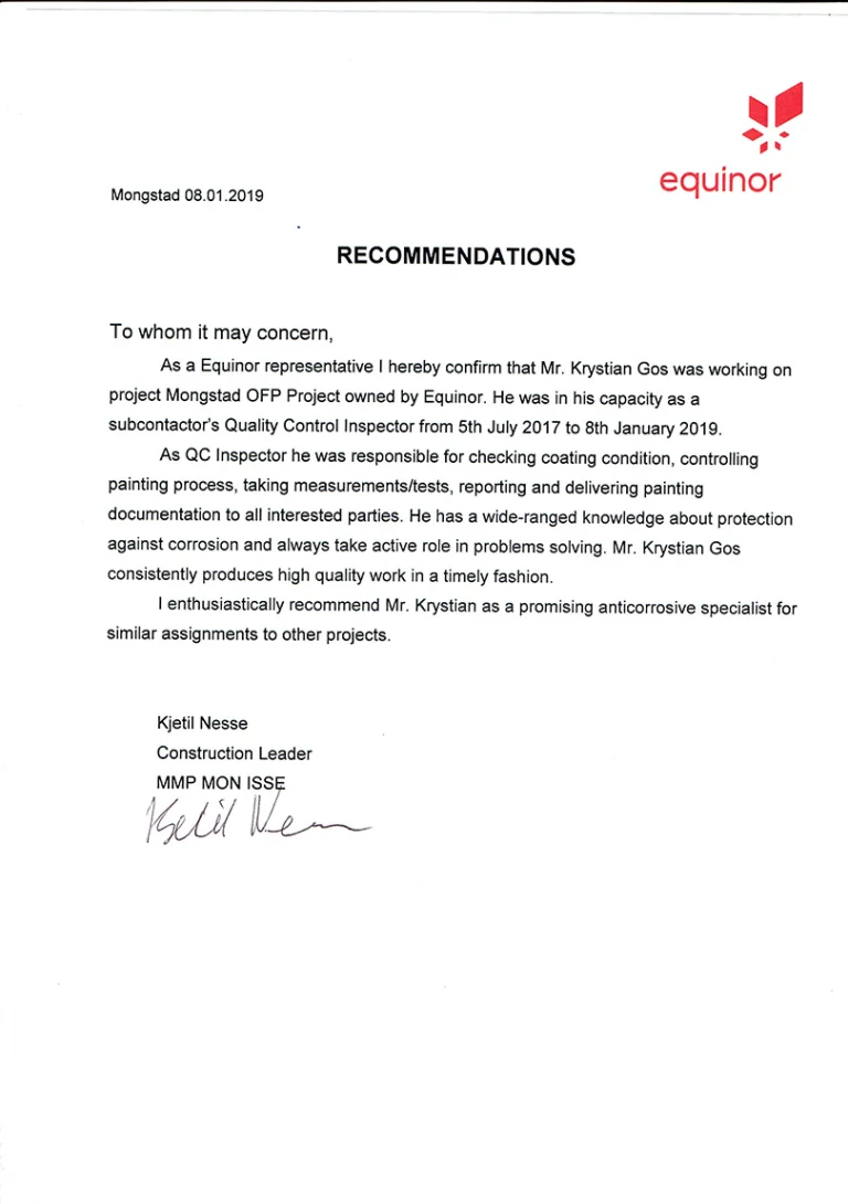 Referencje Equinor 2017-2019